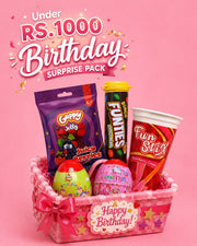BingoWorld Birthday Surprise Pack under Rs 1000 – Guppy Jelly, Bingo Funties, Fun Stix, Play Pop candy in a decorated pink gift basket